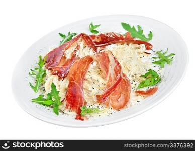 Appetizing noodles with bacon and cheese on a white background