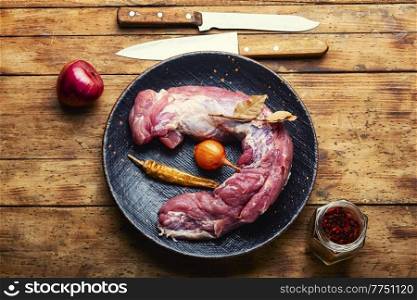Appetizing raw pork meat for cooking. Raw meat tenderloin and spices set. Uncooked pork meat, fresh meat