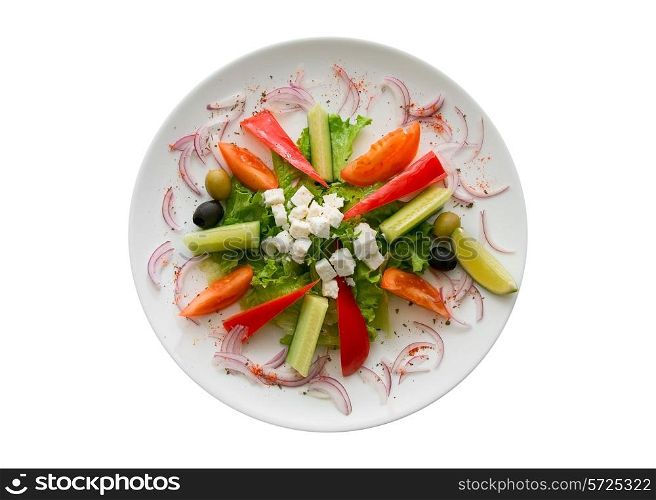 Appetizing salad in a plate on white background.