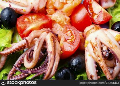 Appetizing salad with calamari, salmon and vegetables.. Salad with squid and seafood