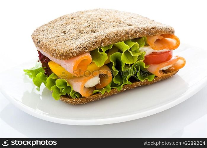 Appetizing sandwich from rye bread with a ham and salad on a white plate close up