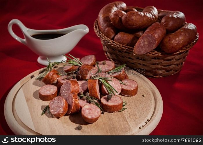 appetizing sliced sausage on a cutting board