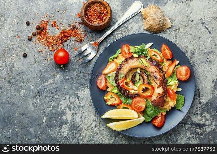 Appetizing spring or summer salad with vegetables and octopus.. Vegetable salad with octopus.
