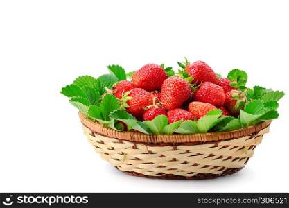 Appetizing strawberries in a wicker basket isolated on white background. Free space for text.