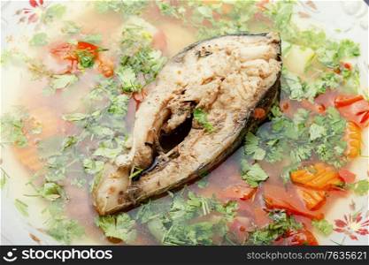 Appetizing traditional fish soup.Fish soup,carp soup.Close up,macro,. Fish soup or chowder