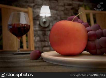 Apple and Grapes on background wine and lamp. 3D rendering