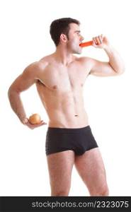 Apple carrot diet, man great body isolated on white