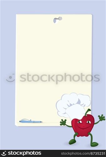 Apple cartoon character near menu board vector illustration