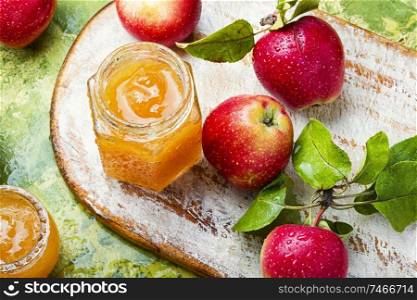 Apple jam.Autumn sweet.Homemade apple jam.Apple jam in glass jar. Jam from ripe apples