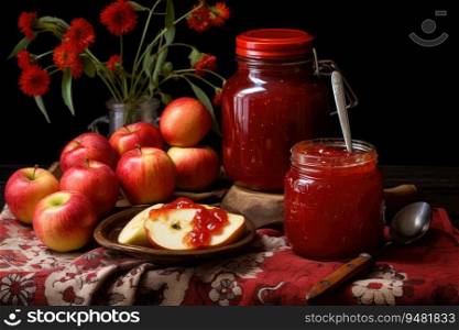 Apple jam with fresh fruit. Generative AI