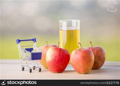 apple juice a shopping cart on a wooden table, outdoor