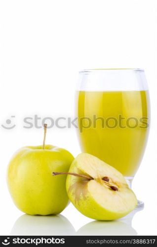 Apple juice in glass and green apples. Isolated on white background
