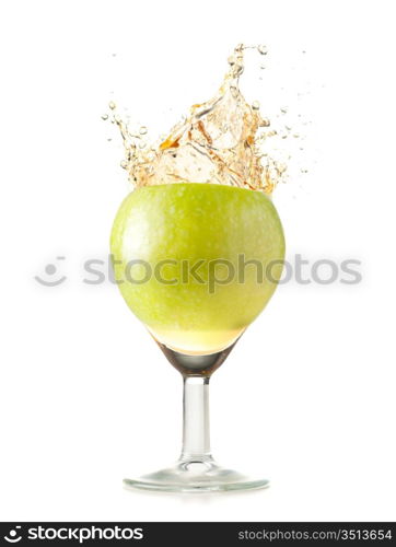 apple juice is splashing in glass cut out from white background