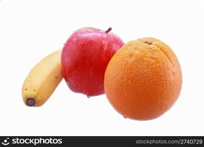 Apple, orange and banana isolated on white background.