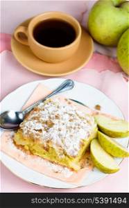 Apple pie on plate with spoon and cup, fruits and pink placemat on background