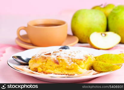 Apple pie on plate with spoon and cup, fruits and pink placemat on background