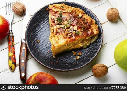 Apple quiche with cheese filling. Quiche autumn pie with apples.. Quiche open apple pie