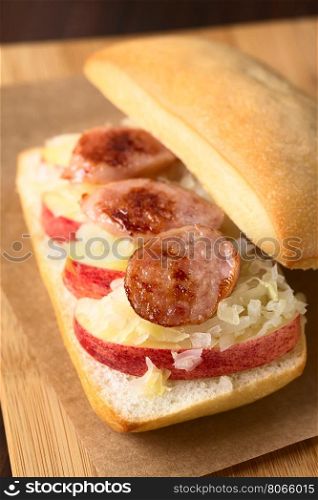 Apple, sauerkraut and bratwurst sandwich, photographed with natural light (Selective Focus, Focus one third into the image)