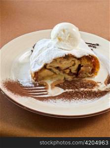 apple strudel tasty dessert dish at plate closeup