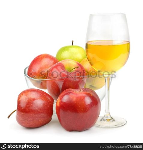 apples and glass with juice isolated on white background