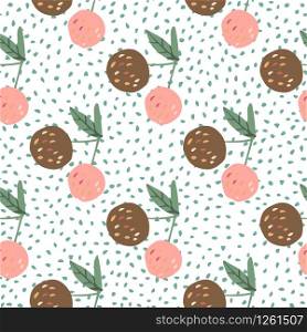 Apples and leaves seamless pattern on dots background in Scandinavian style. Design for fabric, textile print, wrapping paper, children textile. Vector illustration. Apples and leaves seamless pattern on dots background in Scandinavian style.