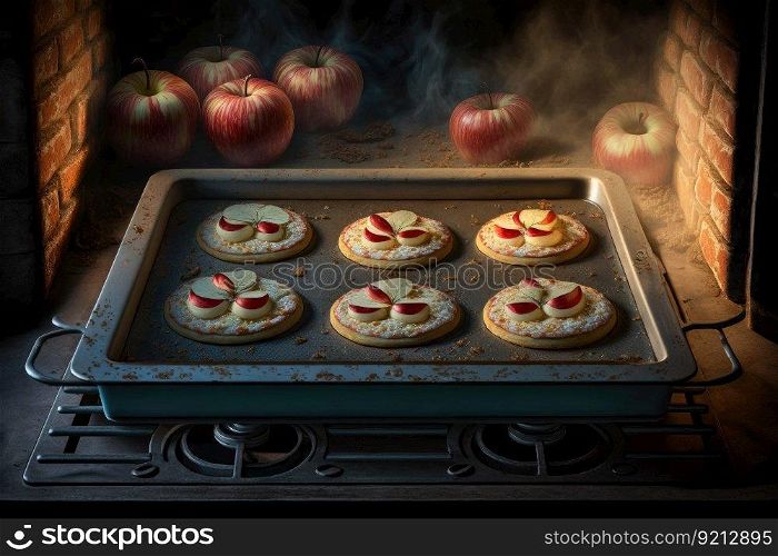 apples and oatcakes baked on baking tray in oven, created with generative ai. apples and oatcakes baked on baking tray in oven