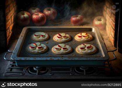 apples and oatcakes baked on baking tray in oven, created with generative ai. apples and oatcakes baked on baking tray in oven