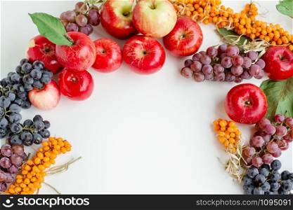 Apples, berries, grapes on a wooden white background. Autumn harvest of fruits.. Apples with grapes on a wooden white background.