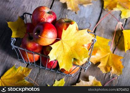 apples in a basket on a wooden table and yellow maple leaves