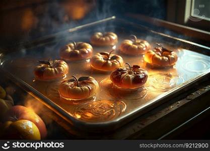 apples on baking tray with caramelized sugar cooked in oven, created with generative ai. apples on baking tray with caramelized sugar cooked in oven