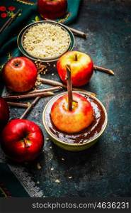 apples on sticks with chocolate coating and twigs on rustic wooden background, close up
