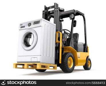 Appliance delivery concept. Forklift truck and washing machine. 3d