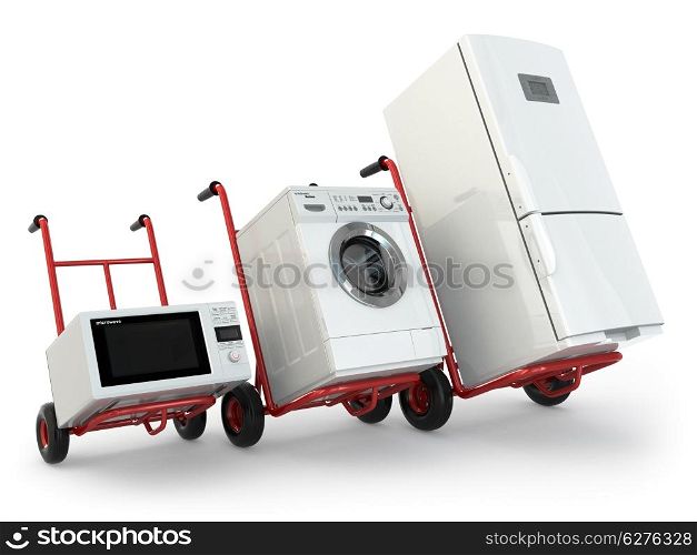 Appliance delivery. Hand truck, fridge, washing machine and microwave oven. 3d