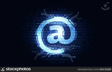 Application icon for interface. Glowing blue email sign on dark technology background
