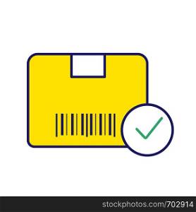 Approved delivery color icon. Successful package receipt. Verification parcel barcode. Parcel tracking. Quality delivery service. Cardboard box with barcode and check mark. Isolated vector illustration. Approved delivery color icon