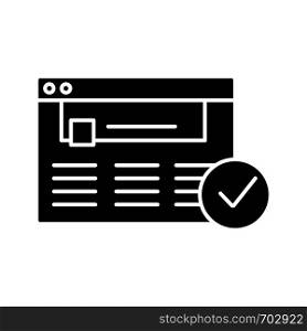 Approved website glyph icon. Web page. Successful login. Silhouette symbol. Negative space. Authorization. Web site with check mark. Web browser verification. Vector isolated illustration. Approved website glyph icon