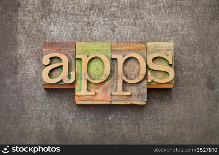 apps (applications) - software concept - text in vintage letterpress wood type against grunge metal surface