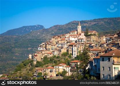 APRICALE, ITALY - CIRCA AUGUST 2020  traditional old village made of stones located in Italian Liguria region  with blue sky and copyspace