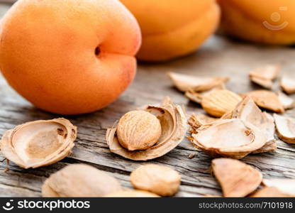 Apricot and apricot seeds on the background of old boards. Apricot pits for the manufacture of tablets and drugs. Close-up.. Apricot and apricot seeds on the background of old boards. Apricot pits for the manufacture of tablets and drugs.