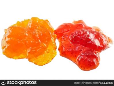 apricot and strawberry jelly on white background