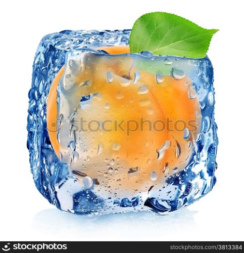 Apricot in ice cube isolated on white