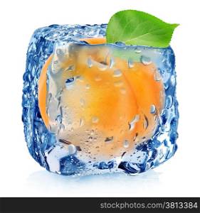 Apricot in ice cube isolated on white