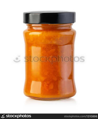 Apricot jam glass jar isolated on white background with clipping path