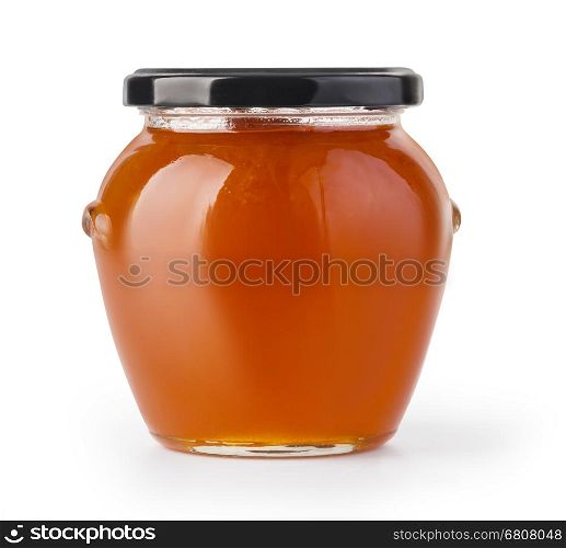 Apricot jam glass jar isolated on white background with clipping path