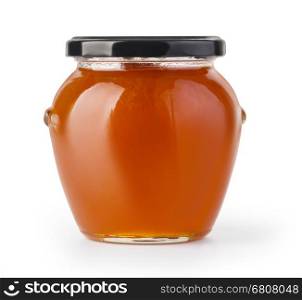 Apricot jam glass jar isolated on white background with clipping path