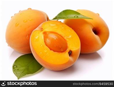 Apricots sweet fruit with leaf on white background.AI Generative