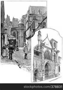 Apse of the church of Saint-Merry, Brisemiche street, Doors of Saint-Merry, rue Saint-Martin, vintage engraved illustration. Paris - Auguste VITU ? 1890.