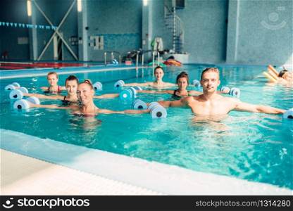Aqua aerobics, healthy lifestyle, water sport, indoor swimming pool, recreational leisure. Aqua aerobics, healthy lifestyle, water sport