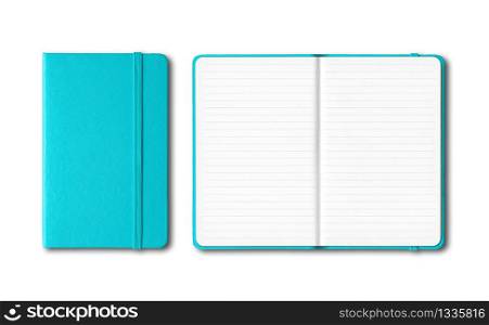 Aqua blue closed and open lined notebooks mockup isolated on white. Aqua blue closed and open lined notebooks isolated on white