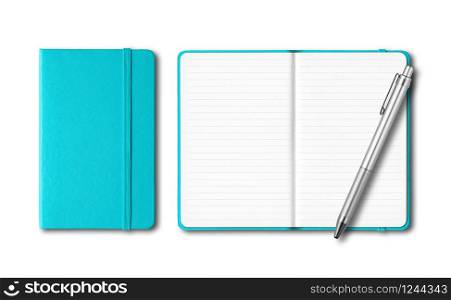 Aqua blue closed and open lined notebooks with a pen isolated on white. Aqua blue closed and open notebooks with a pen isolated on white